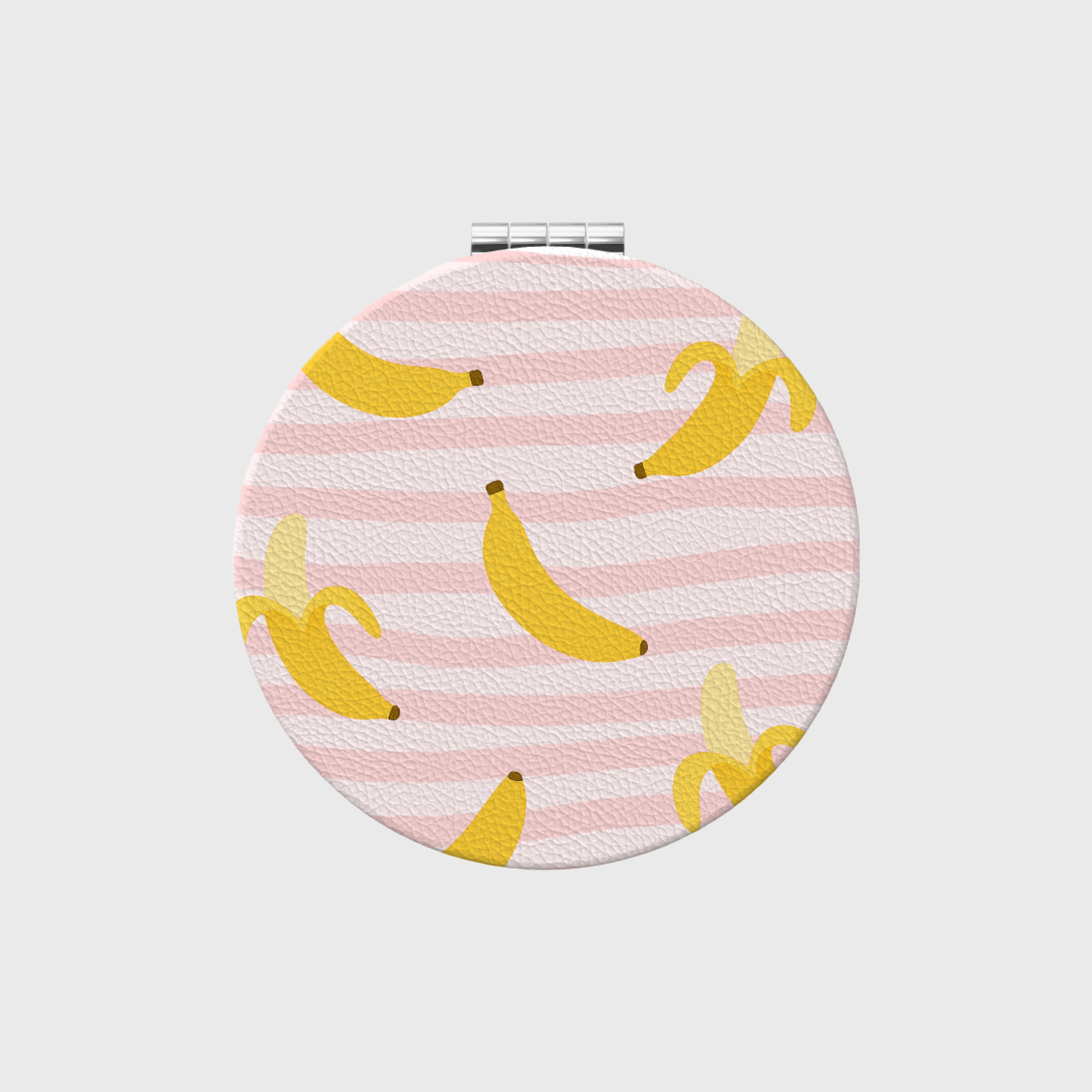 Cute Banana Pink Striped Round Pocket Makeup Mirror, Travel Friendly Gift for Women