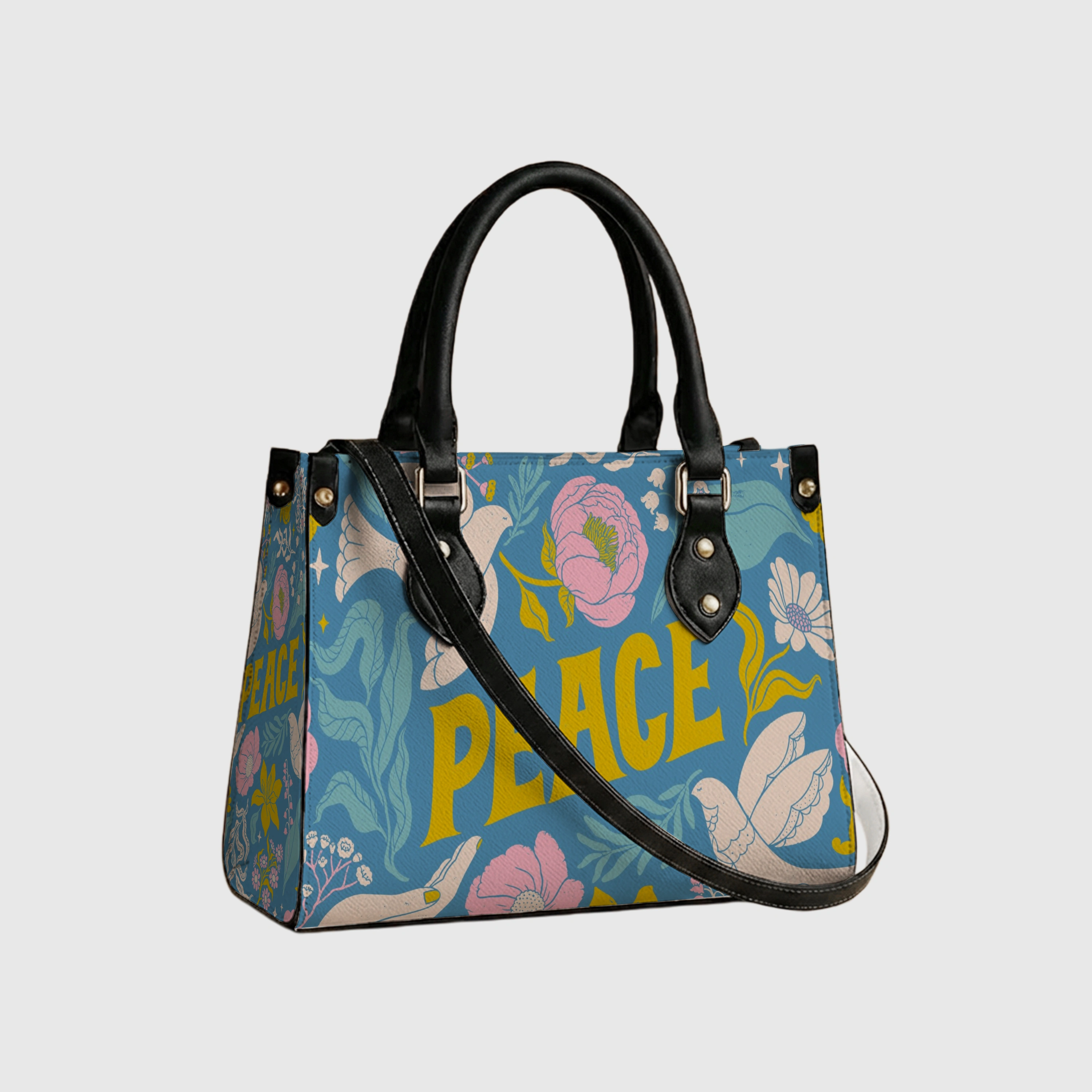 Peace Floral Dove Leather Tote Bag for Women Daily Use