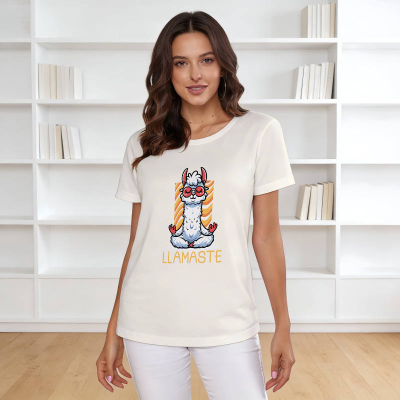 Funny Llama Yoga Crew Neck Tee for Women Daily Wear