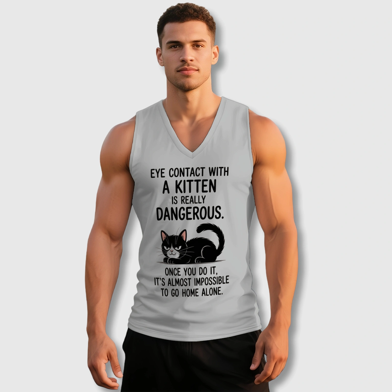 Funny Cat Quote V-Neck Tank Top for Men Cat Lovers Gym Gift