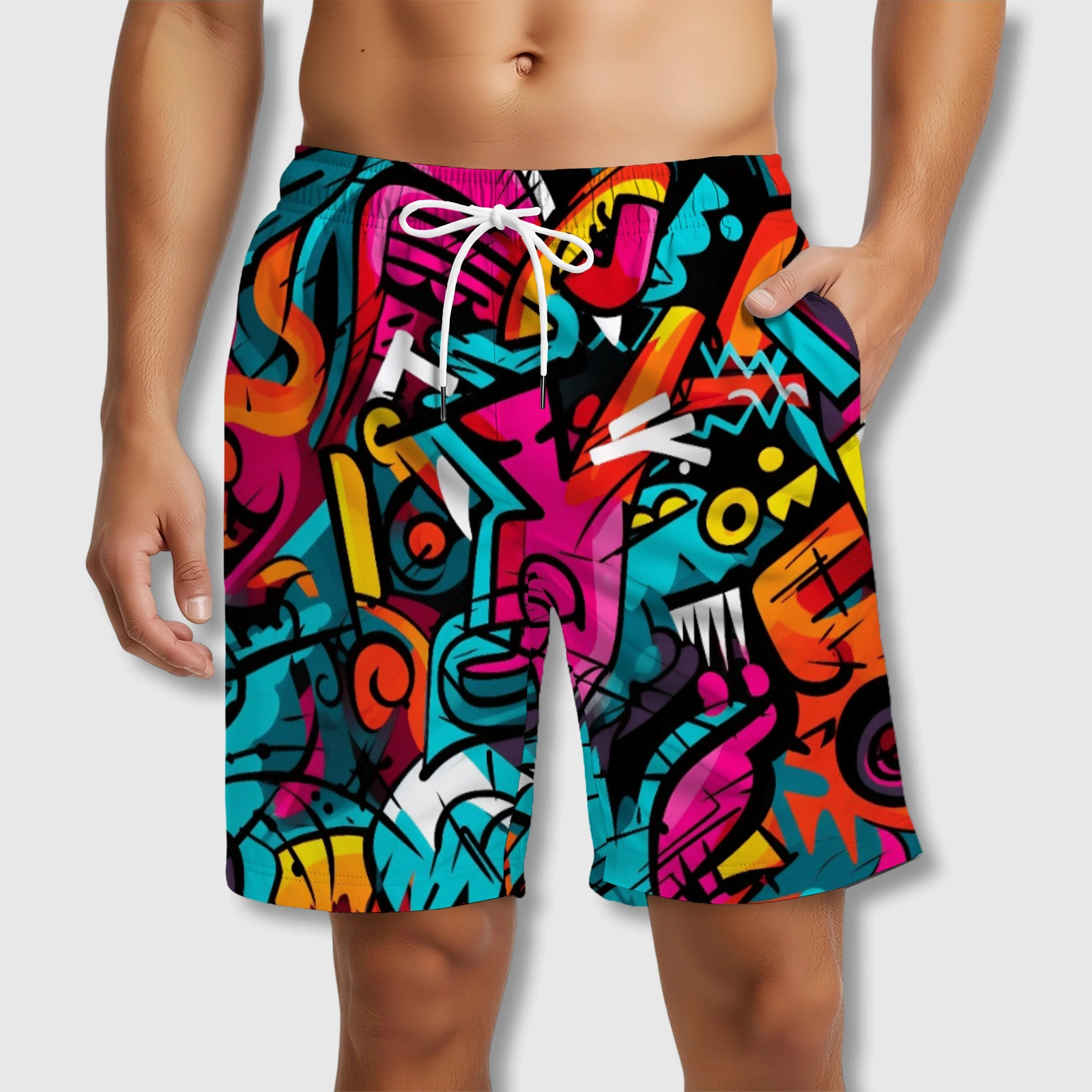 Graffiti Print Swim Trunks for Men Summer Beach Wear
