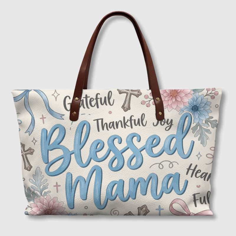 Floral Blessed Mama PU Tote Bag for Mom Daily Use