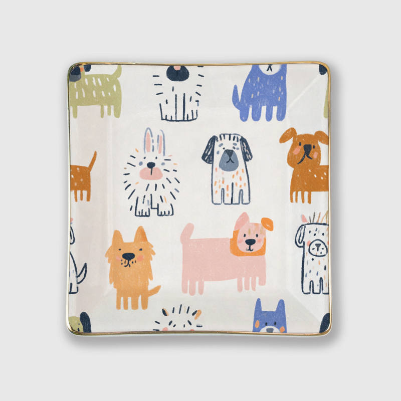 Cute Dog Print Square Ceramic Jewelry Tray for Pet Lover Gifts