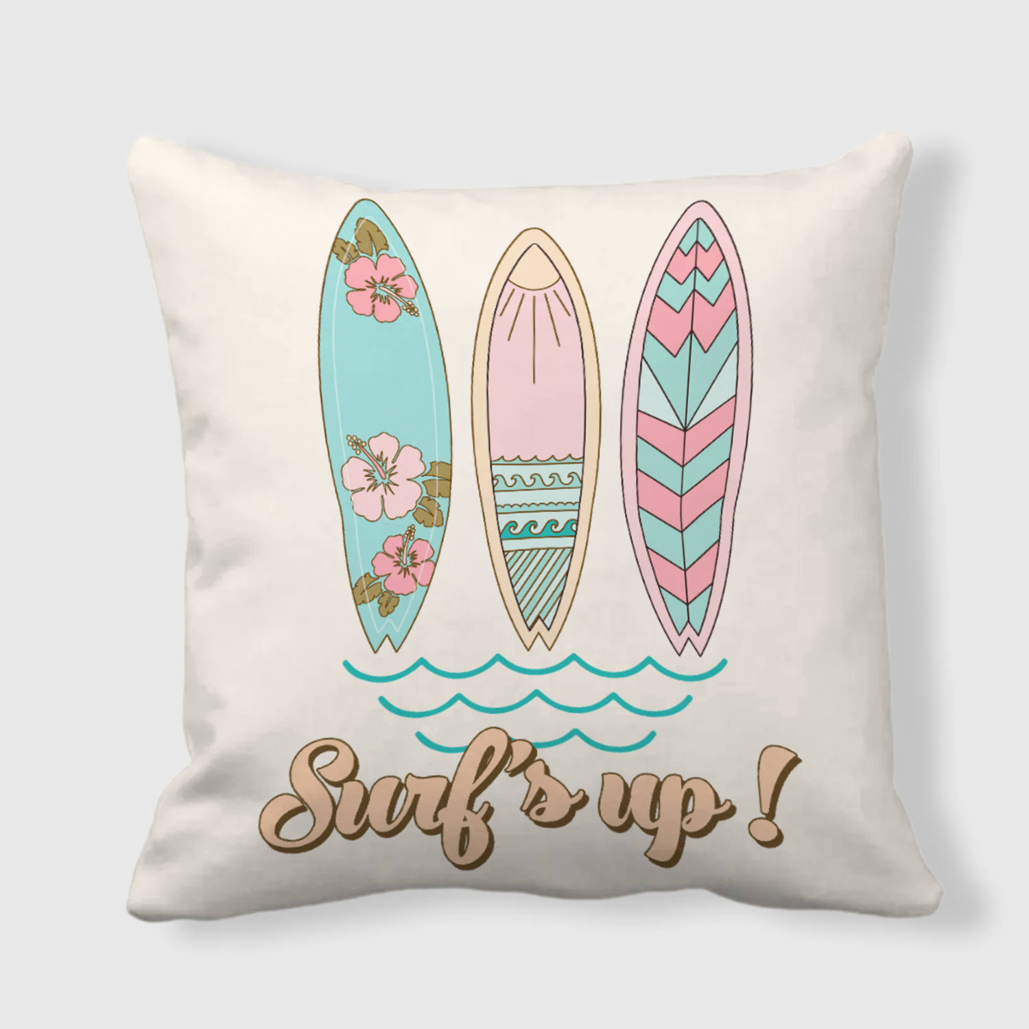Boho Surfboard Hibiscus Throw Pillow for Surf Lovers Summer Decor