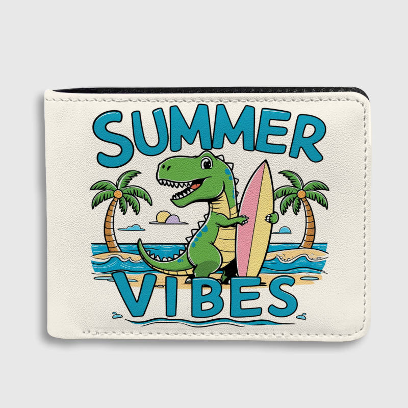 Surfing T-Rex Summer Vibes Bifold Wallet for Dino Lovers