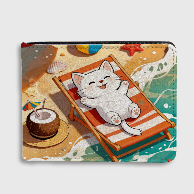 Cute Summer Beach Cat Bi-fold Wallet for Cat Lovers Gift