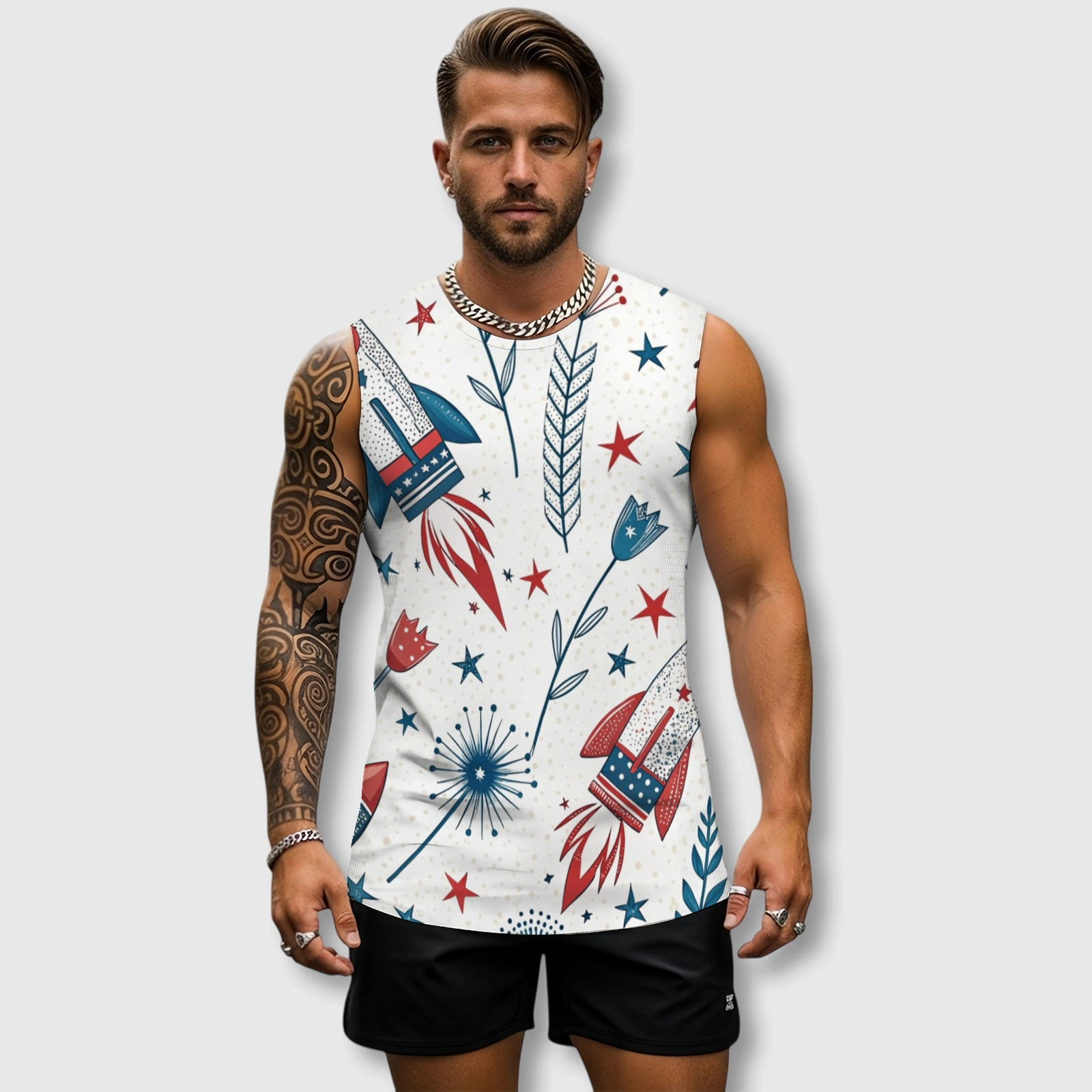 Patriotic Rocket Print Sleeveless Tank Top for Men Summer Gym Wear