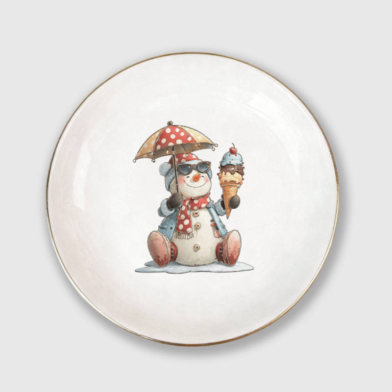 Vintage Snowman Gold Rim Ceramic Trinket Tray for Christmas Gifts