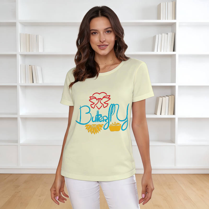 Red Heart Butterfly Short Sleeve T-Shirt for Women Summer Wear