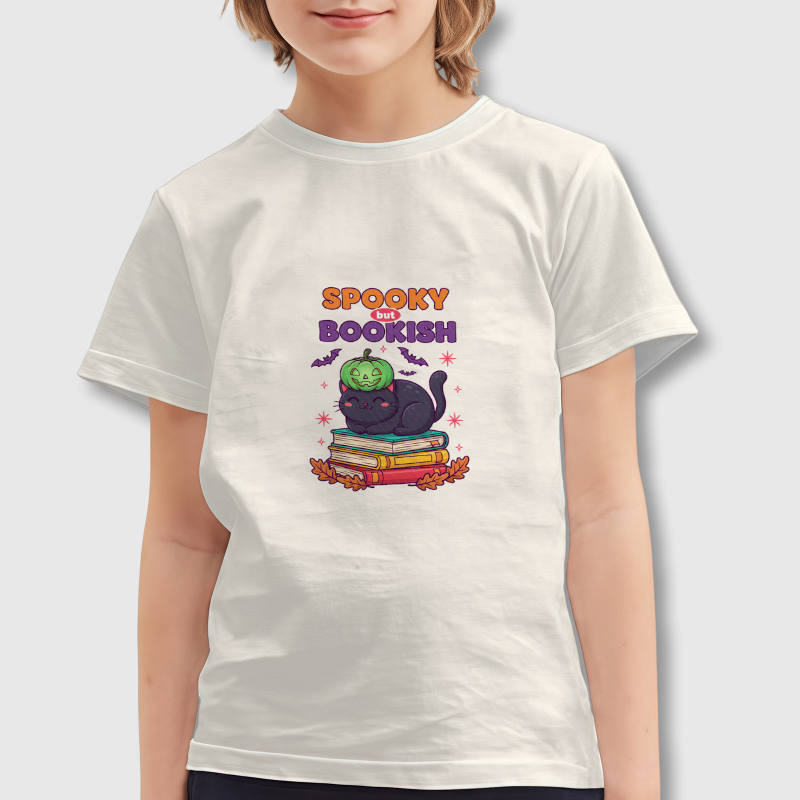 Spooky Bookish Black Cat Kids T-Shirt for Halloween Wear