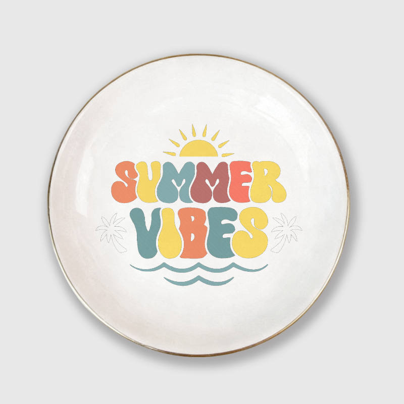Summer Vibes Retro Gold Rim Ceramic Jewelry Tray for Summer Gift