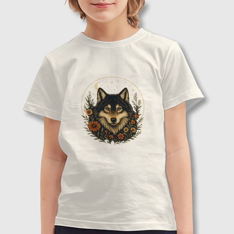 Boho Floral Wolf Kids Tee for Boys Girls Birthday Gift