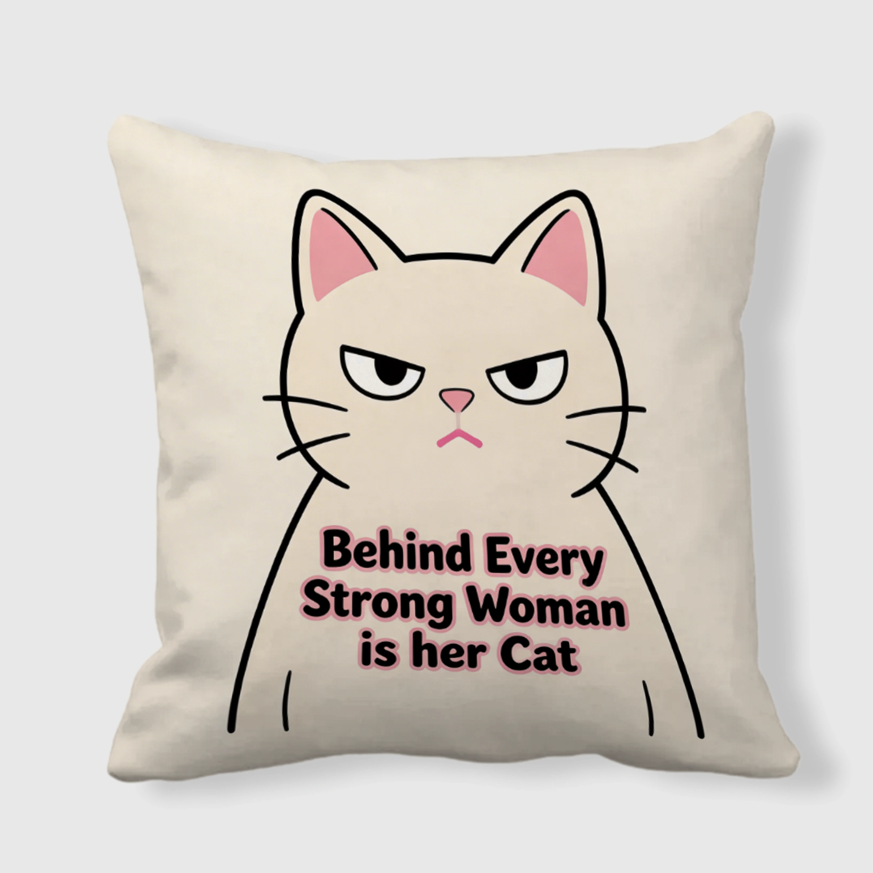 'Behind Every Strong Woman Is Her Cat' Double-Sided Pillow - Gift for Cat Lovers & Strong Women