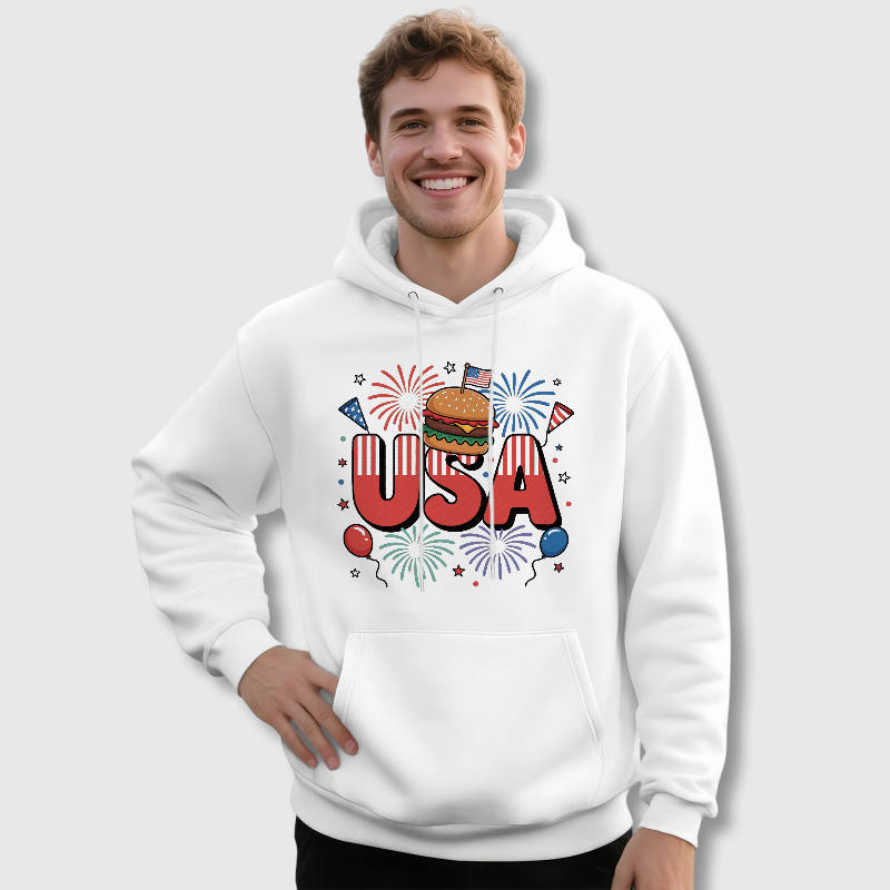 Patriotic USA Burger Hoodie for Men 4th of July Gift