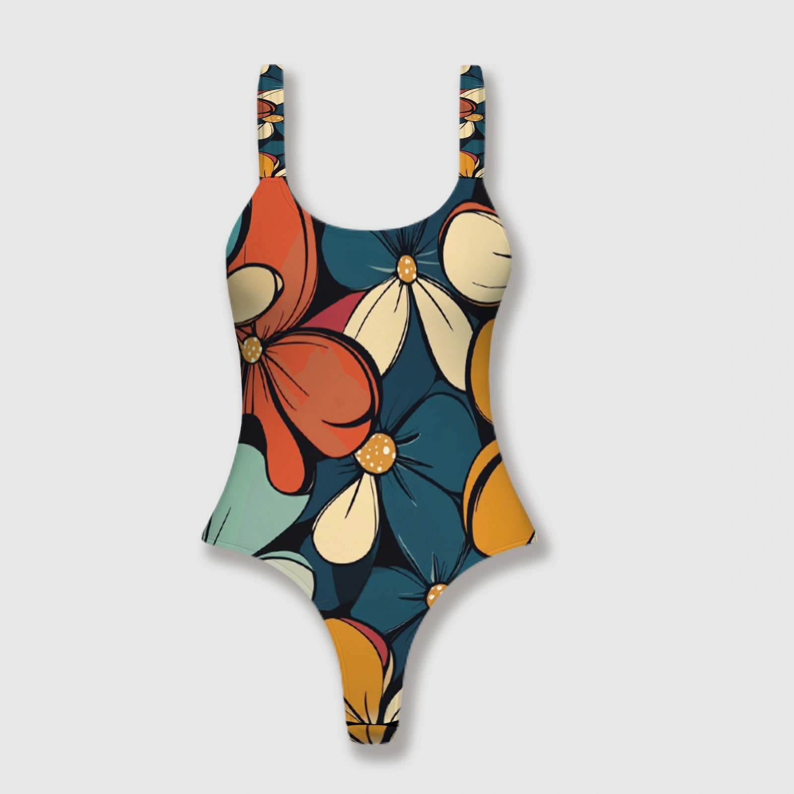 Retro Floral Thong One-Piece Swimsuit for Women Beach Getaway