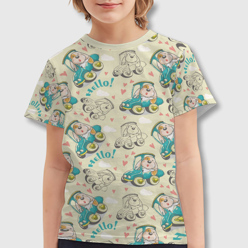 Cute Puppy Car Print Kids Crew Neck T-Shirt for Boys Girls