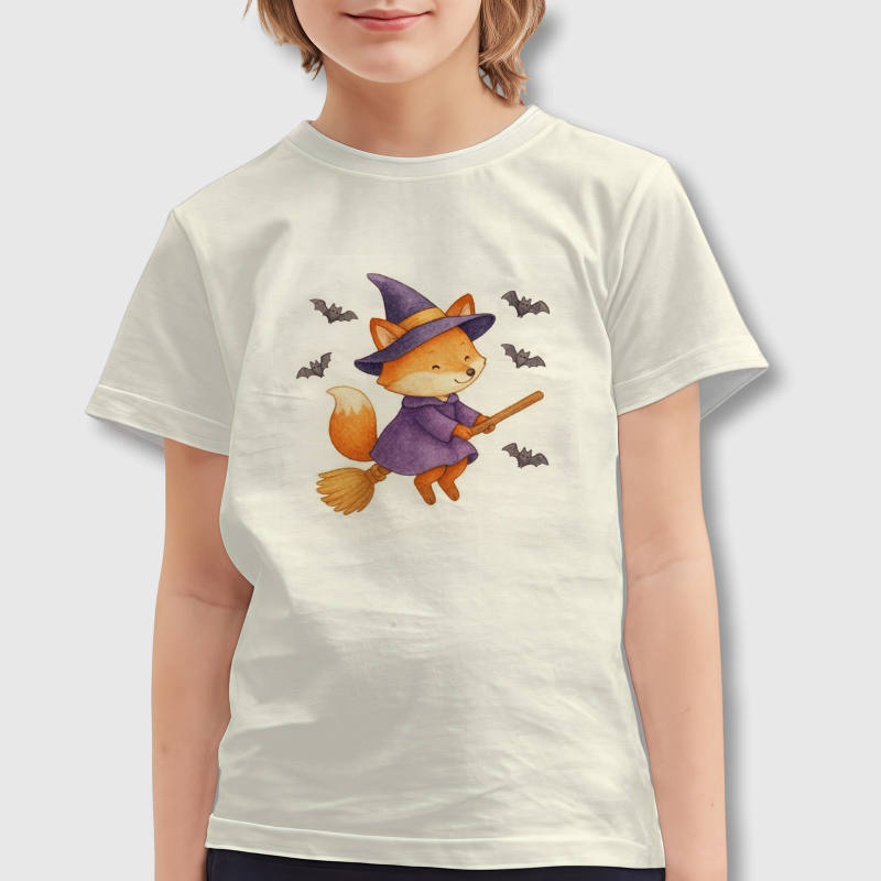 Cute Witch Fox Kids Short Sleeve T-Shirt for Halloween