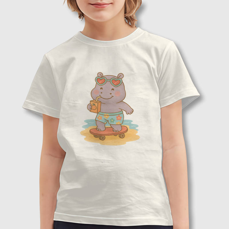 Cute Skateboarding Hippo Kids T-Shirt for Summer Daily Wear