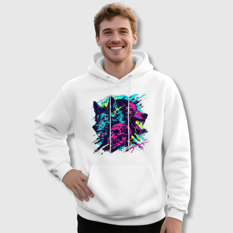 Cyberpunk Wolf Skull Fleece Hoodie for Wolf Fans Daily Wear
