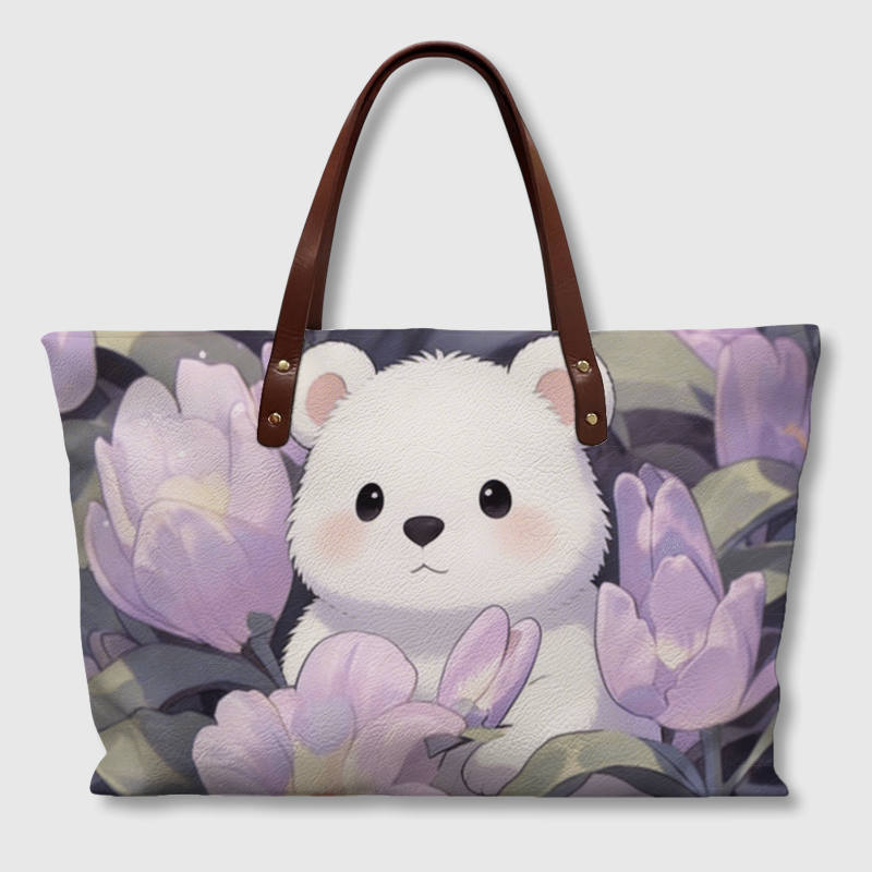 Cute White Bear Floral Tote Bag for Animal Lovers Gift
