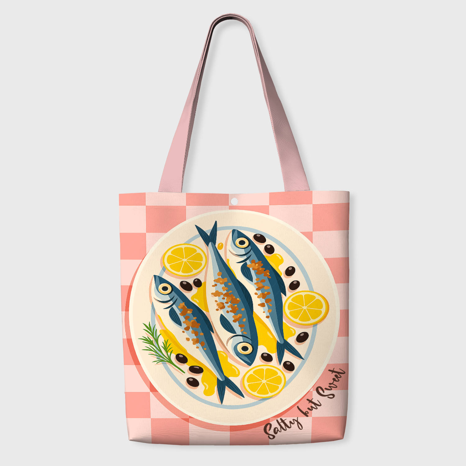 Cute Fish Lemon Gingham Tote Bag for Foodie Daily Use