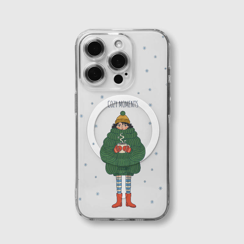 Cozy Winter Girl Clear MagSafe iPhone Case | Shockproof Anti-Yellow Holiday Gift for Her