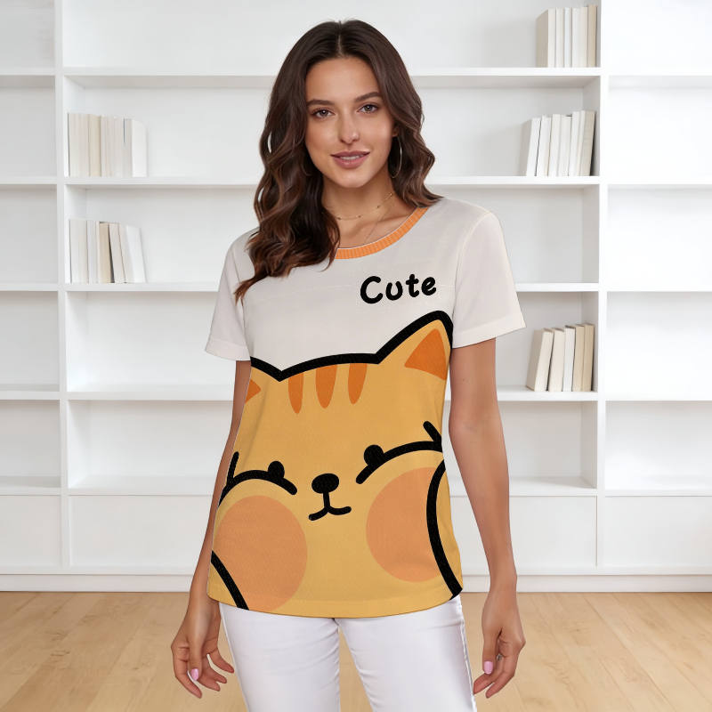 Cute Orange Cat Short Sleeve T-Shirt for Cat Lovers Daily Use