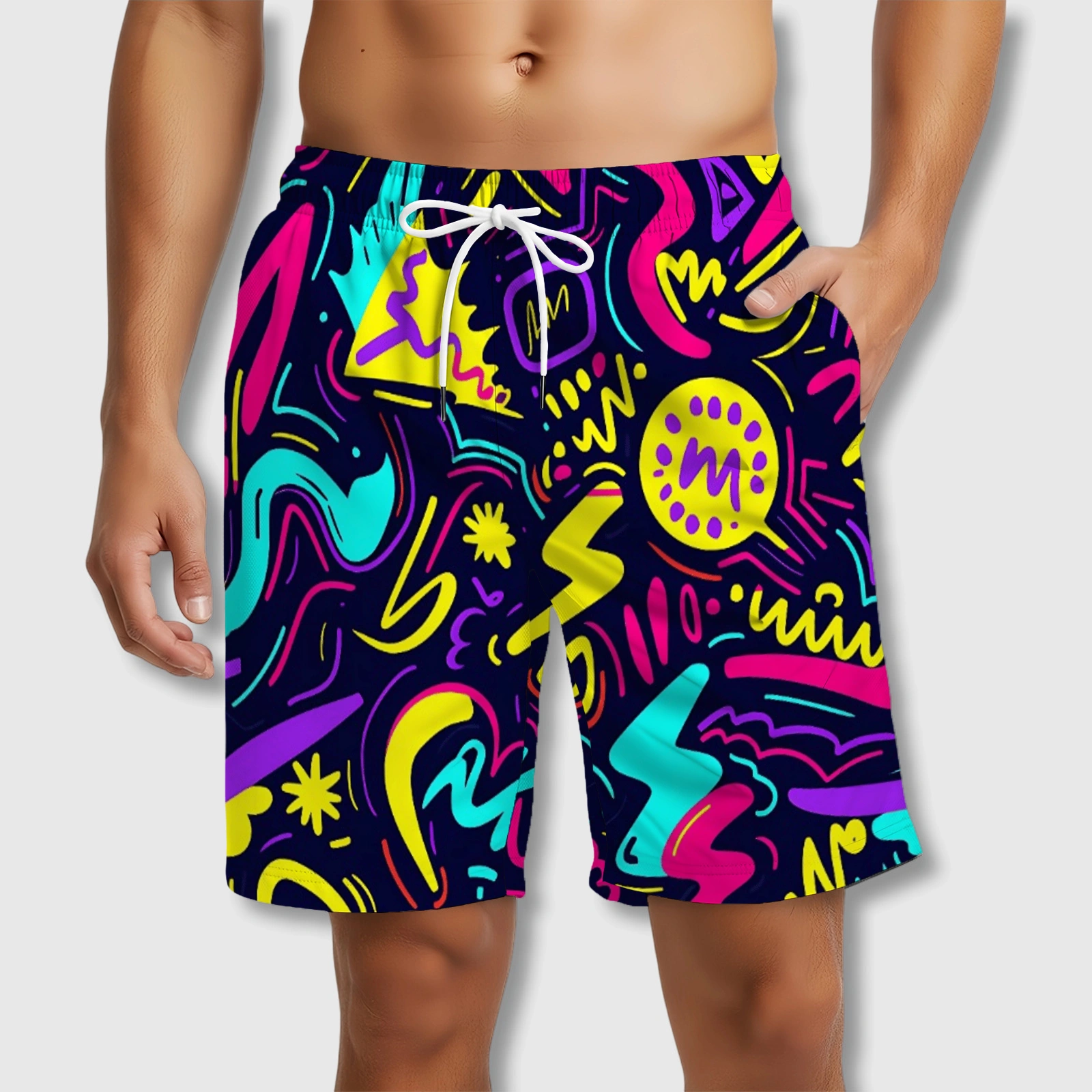 90s Neon Graffiti Beach Shorts for Men Summer Casual Wear