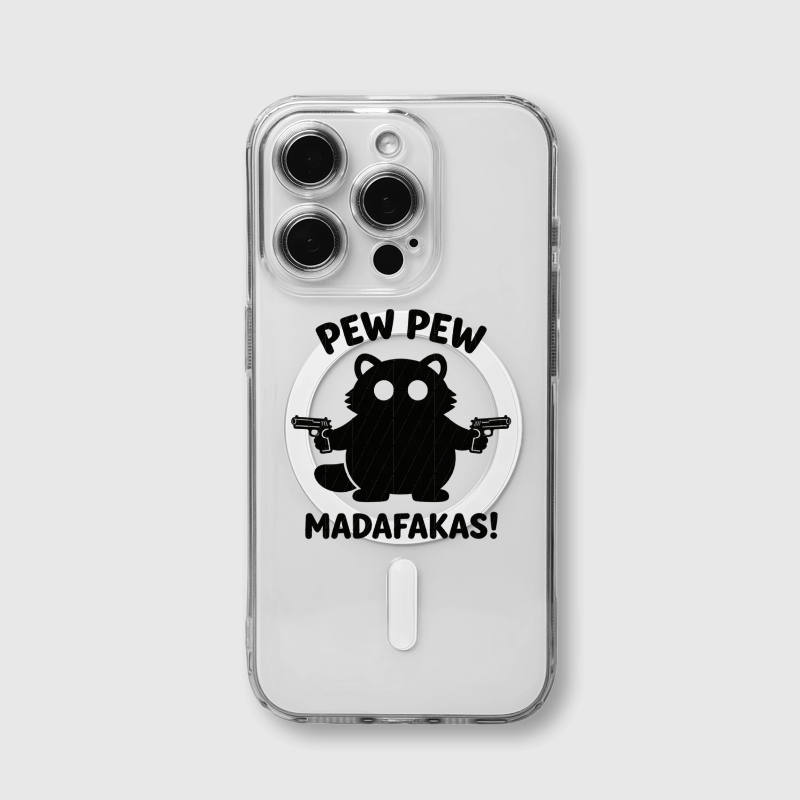 Pew Pew Raccoon Clear Magnetic iPhone Case Funny Novelty Gift for Meme Lovers