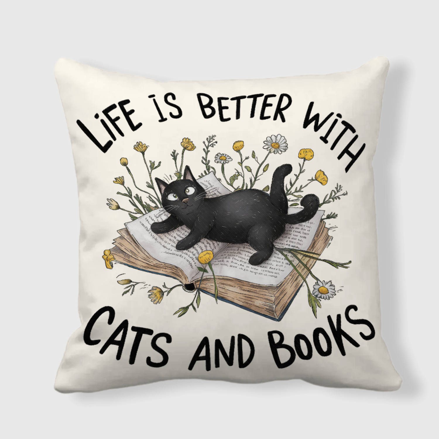 Black Cat Book Quote Throw Pillow for Cat Lovers Gift
