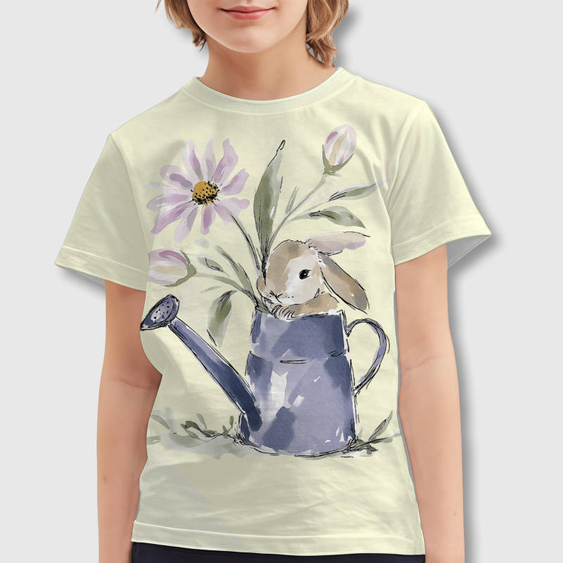 Floral Bunny Watering Can Kids Tee for Easter Gifts