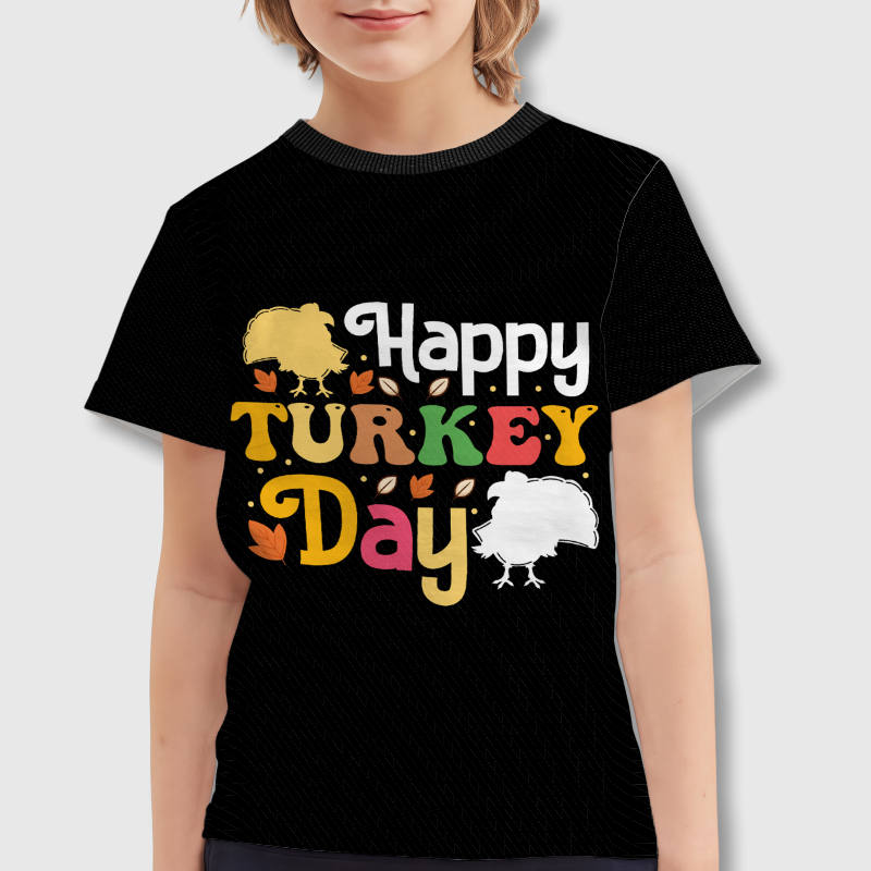 Happy Turkey Day Graphic Kids T-Shirt for Boys Girls Thanksgiving Gift