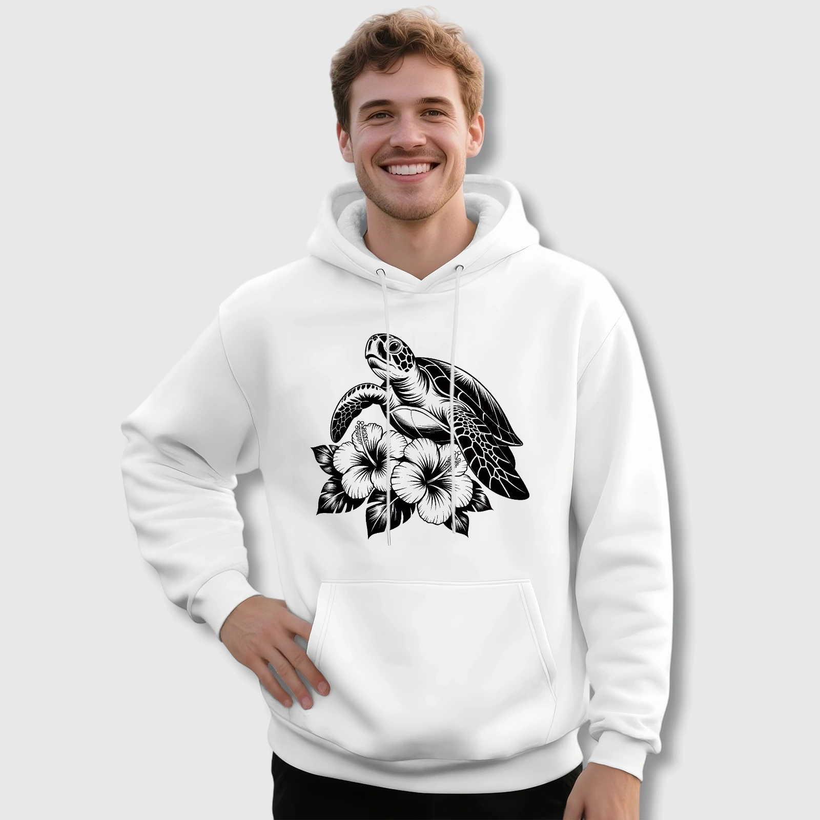 Sea Turtle Hibiscus Hoodie for Men Daily Wear Gift
