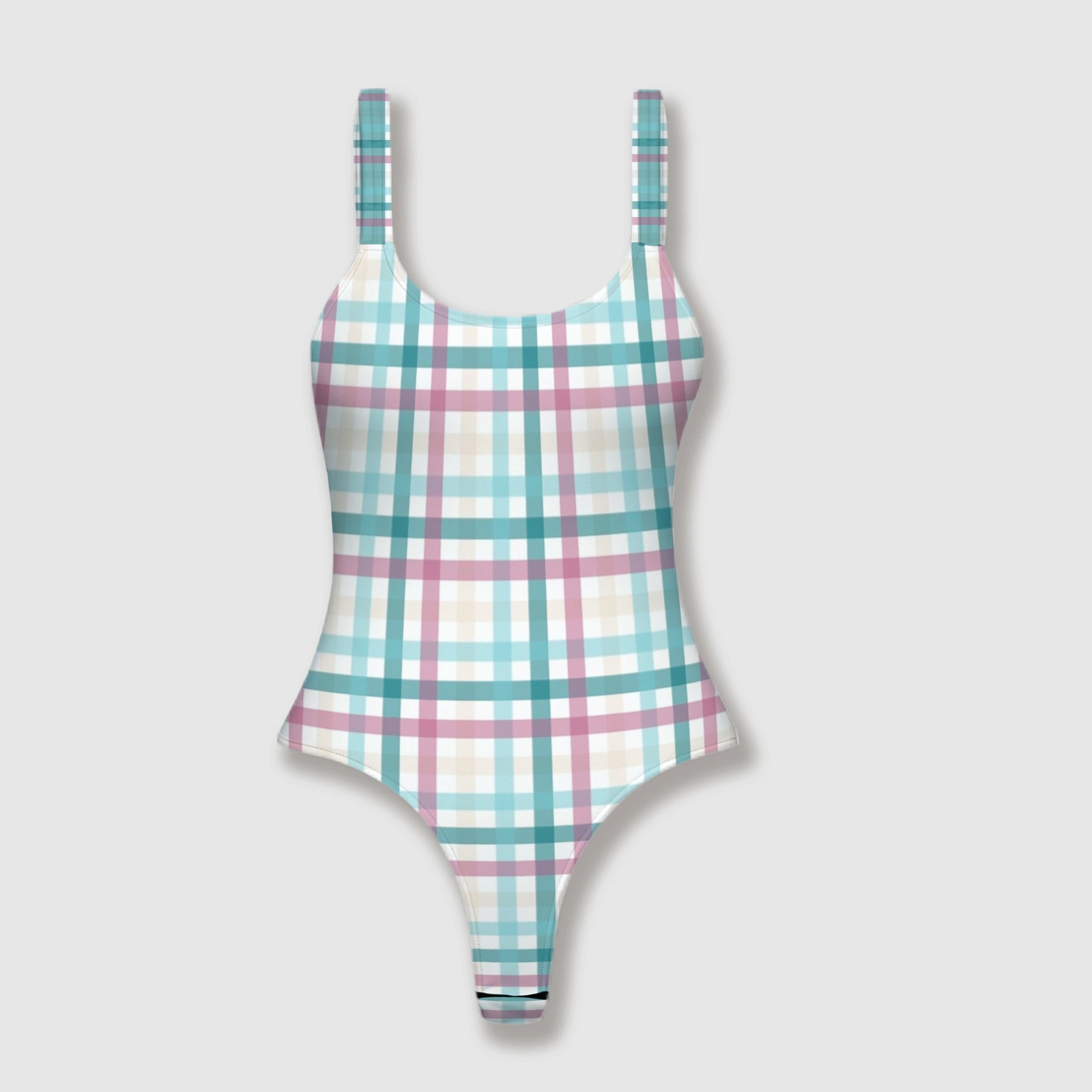 Pastel Plaid Thong One Piece Swimsuit for Women Summer Beach