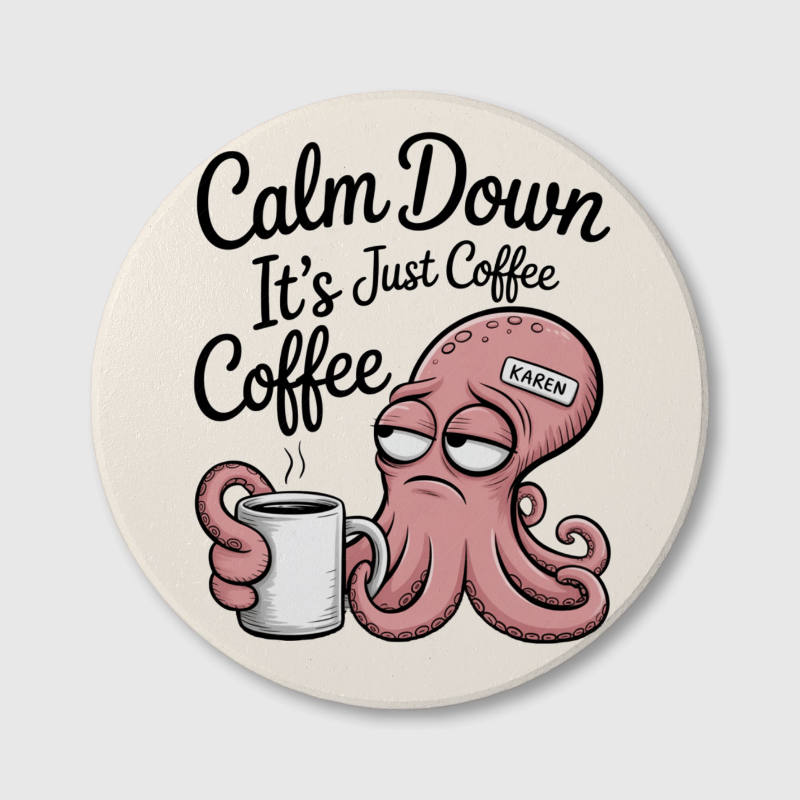 Funny Grumpy Octopus Ceramic Coaster for Coffee Lovers Gift