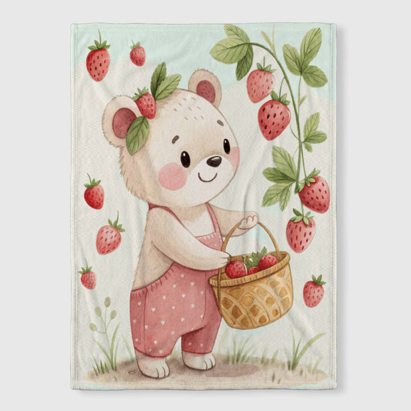 Cute Strawberry Bear Fleece Blanket for Kids Birthday Gift