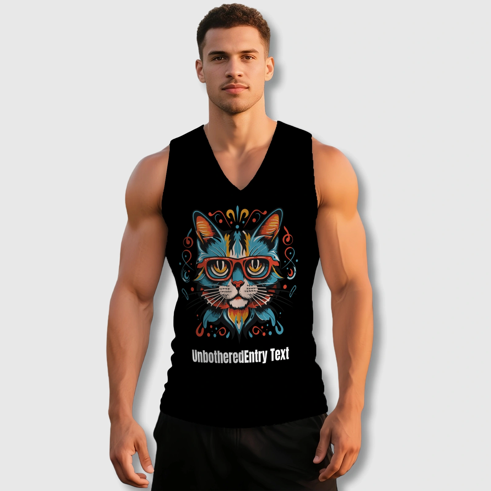 Custom Retro Cat Print V-Neck Workout Tank for Cat Lovers