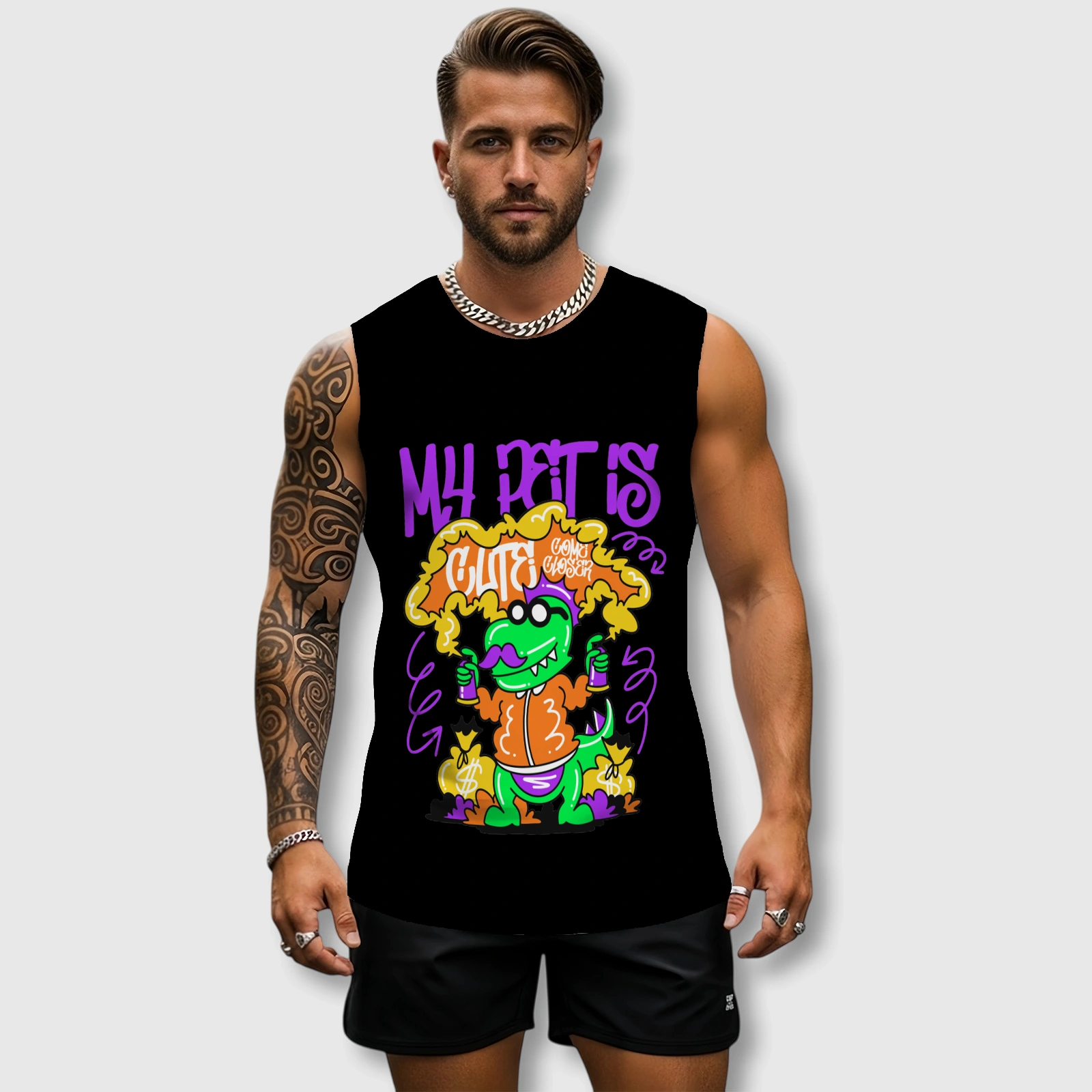 Cute Dinosaur Graffiti Men's Tank Top for Pet Lovers Gym