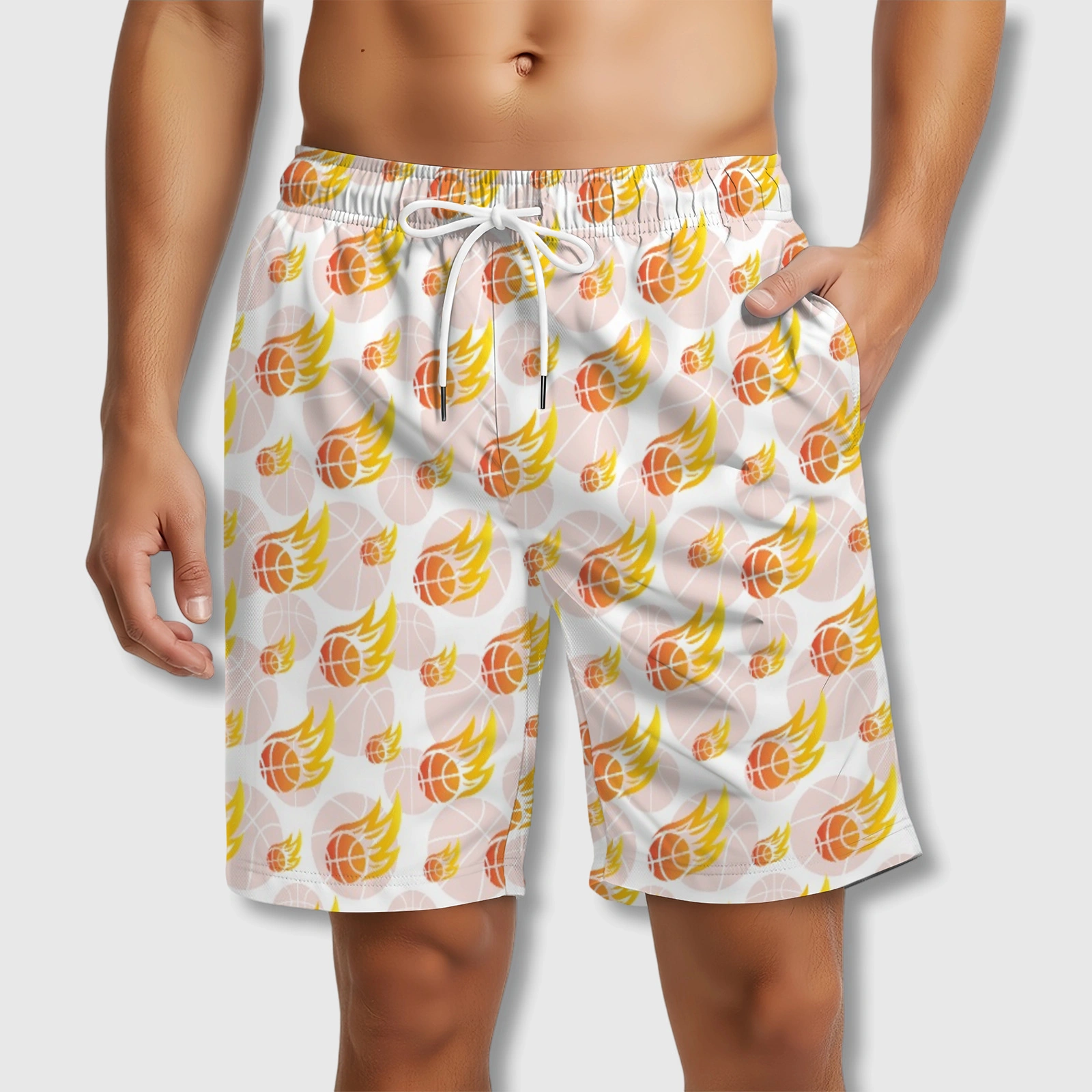 Flaming Basketball Print Athletic Shorts for Men Summer Wear