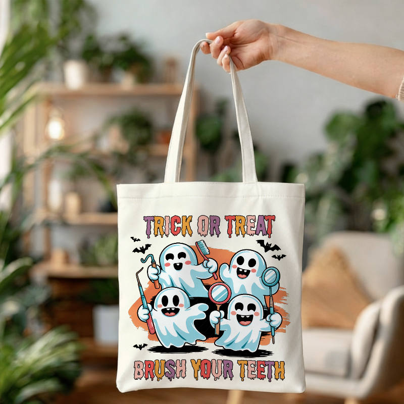 Cute Dental Ghost Polyester Tote Bag for Dentist Halloween Gift