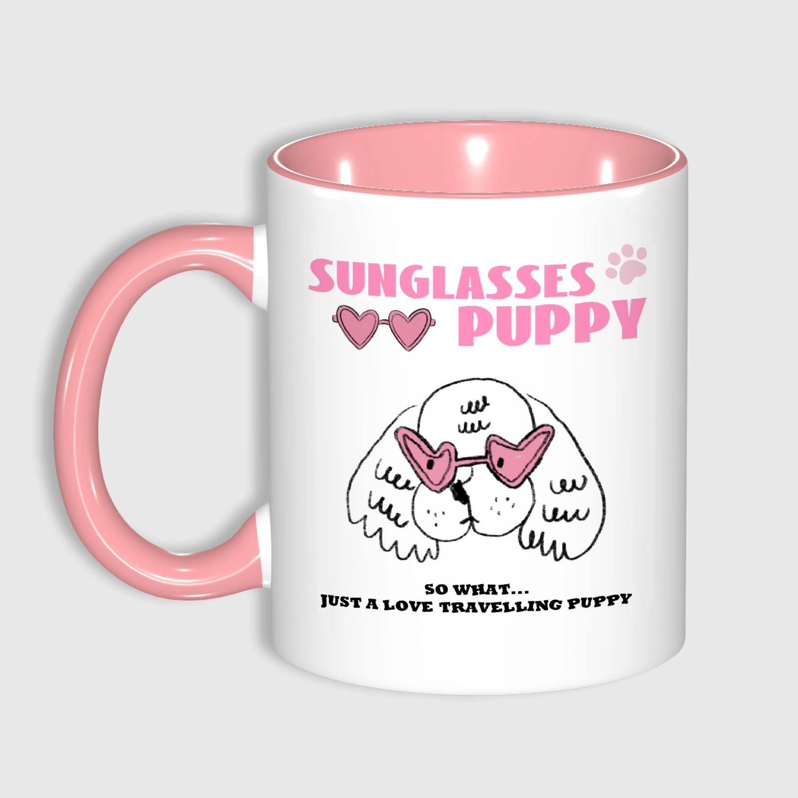 Pink 11oz Sunglasses Puppy Travel Mug - Photo & Text Coffee Cup, Perfect Gift for Pet & Travel Lovers