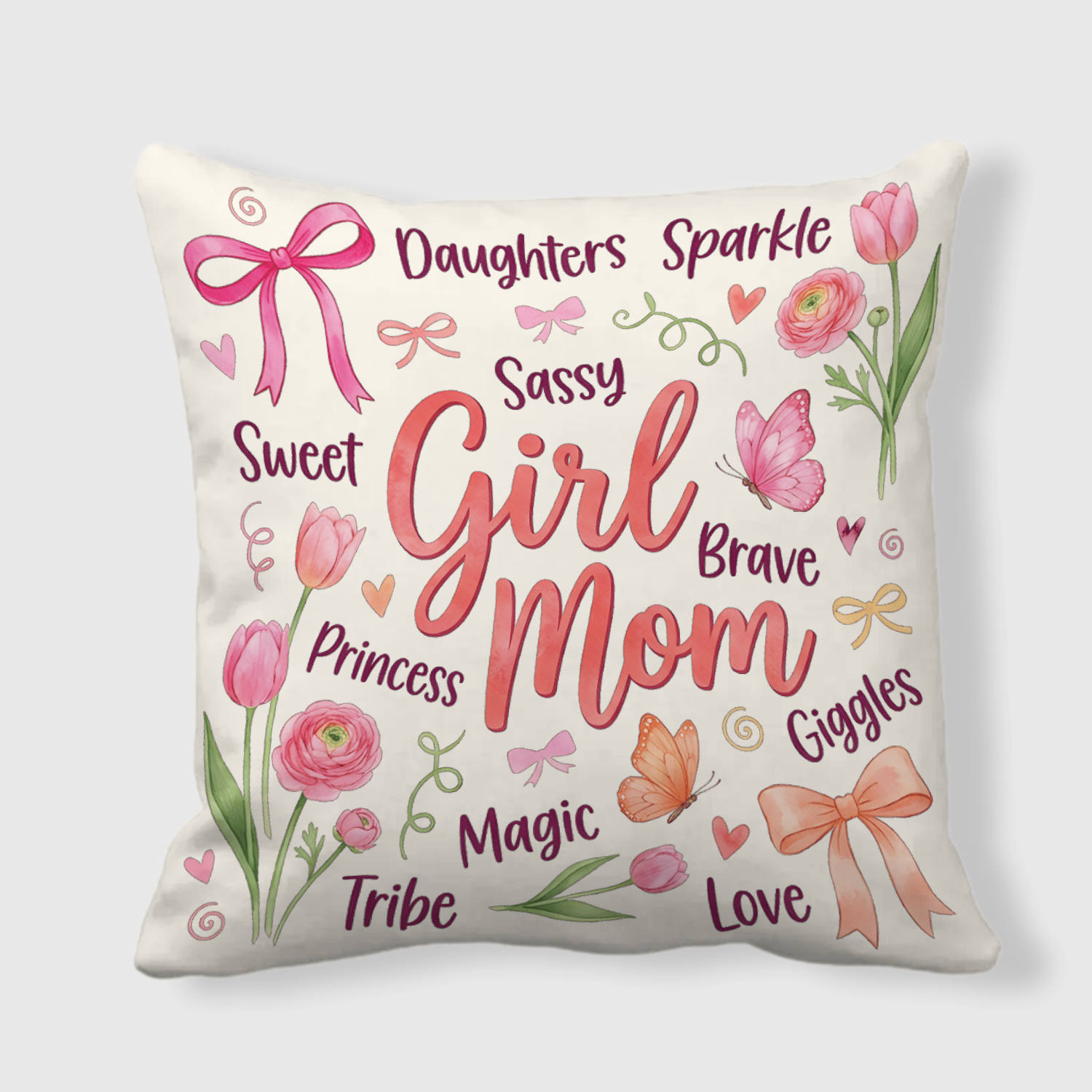 Watercolor Floral Girl Mom Throw Pillow for Mother's Day Gift
