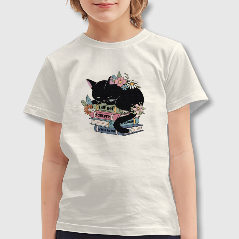 Floral Cat On Books Kids T-Shirt For Back To School Gift