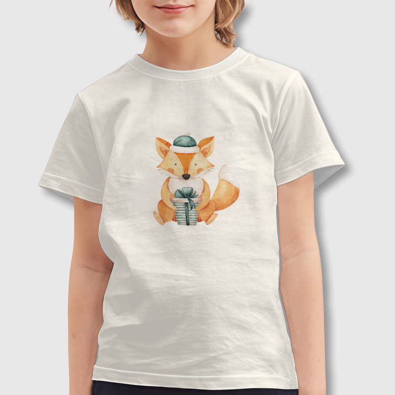 Watercolor Christmas Fox Kids Short Sleeve T-Shirt for Holiday Wear