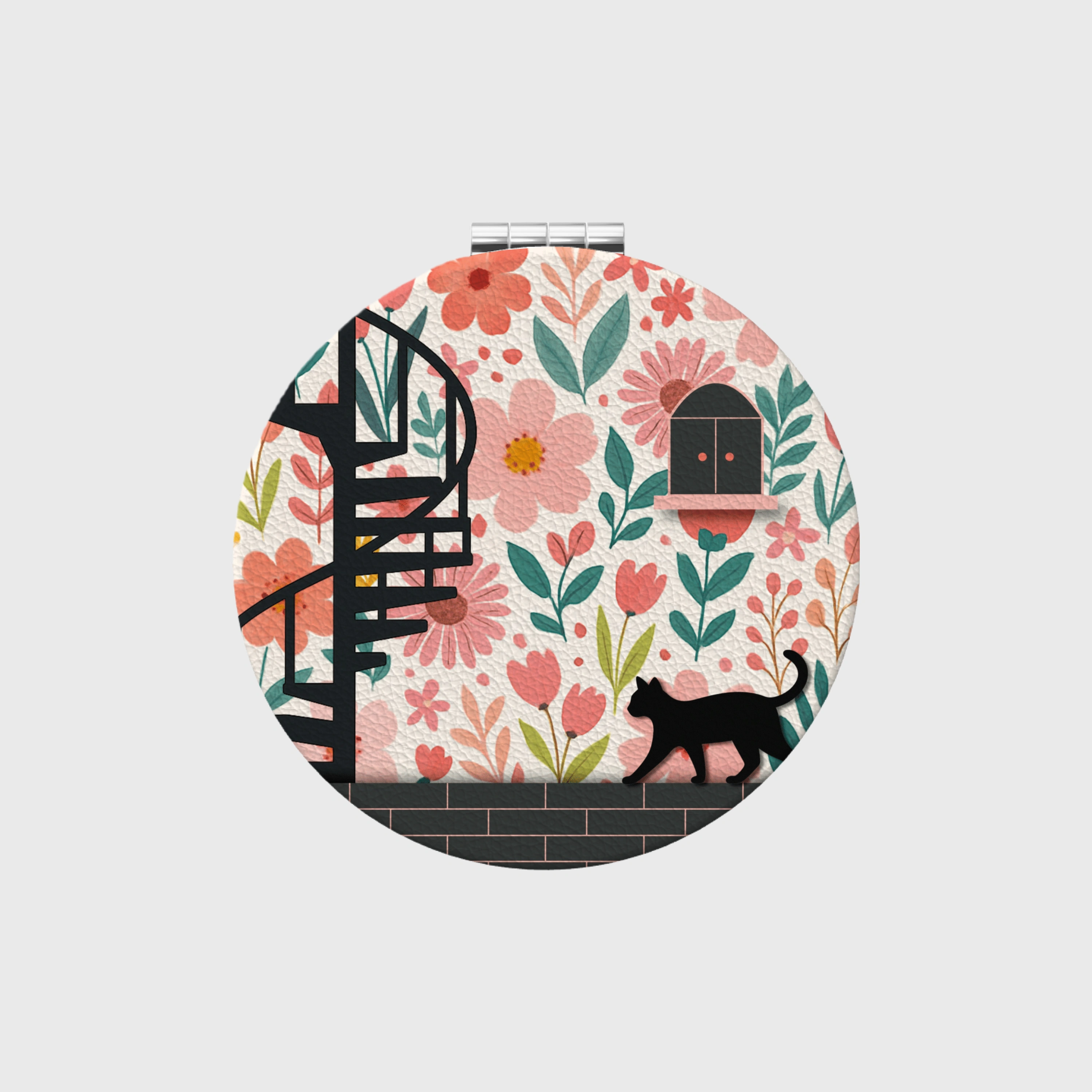 Floral Cat Pocket Makeup Mirror - PU Compact Mirror (Round/Heart/Square) | Gift for Cat Lovers