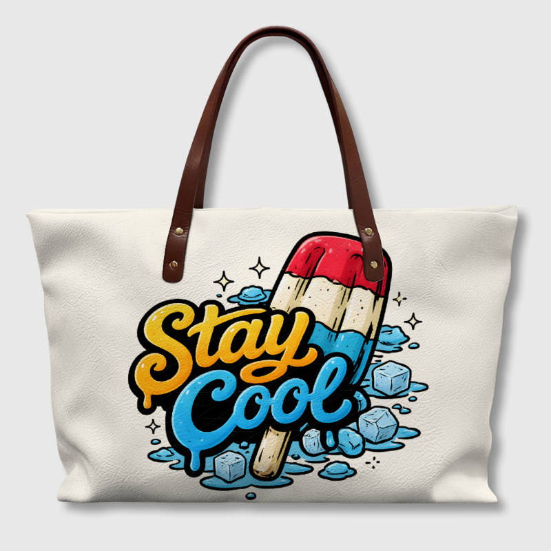 Stay Cool Popsicle Print PU Tote Bag for Women Summer Daily Use
