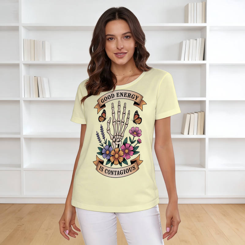 Floral Skeleton Hand Good Energy T-Shirt for Women Daily Use