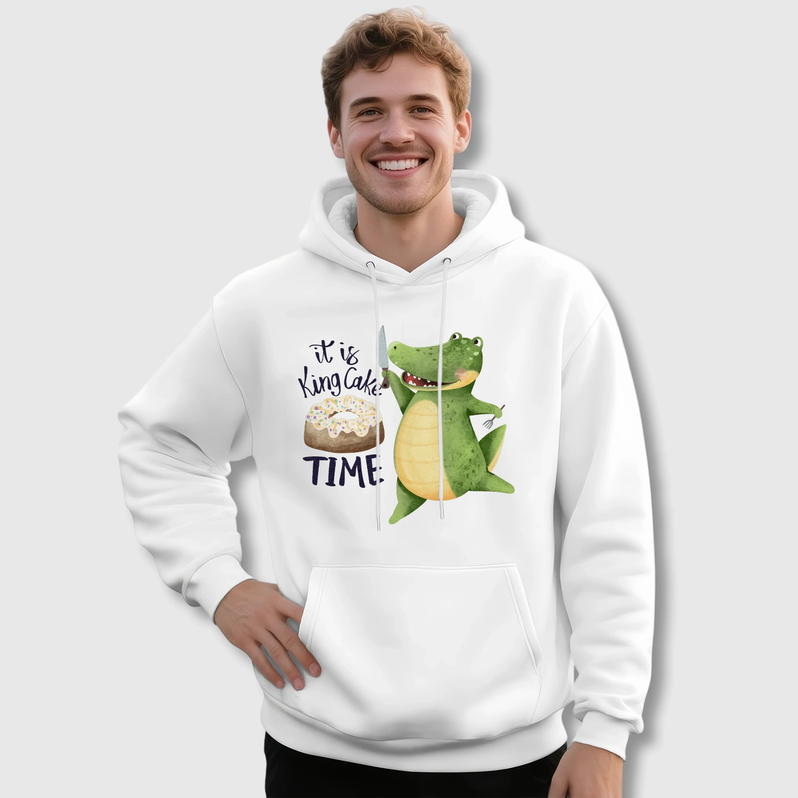 Funny Crocodile King Cake Pullover Hoodie for Men Casual Wear