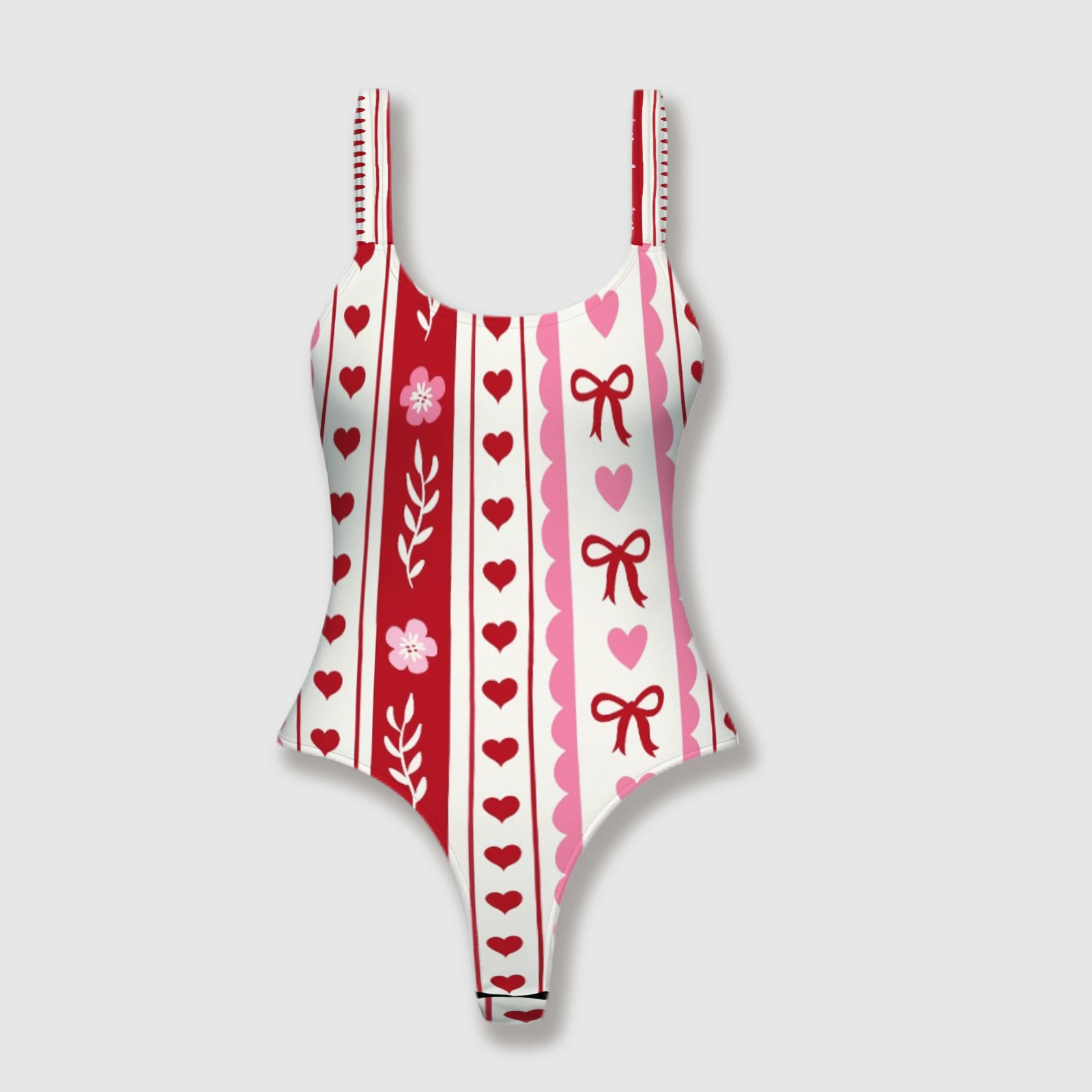Heart Bow Floral Thong One-Piece Swimsuit for Women Valentine's Day